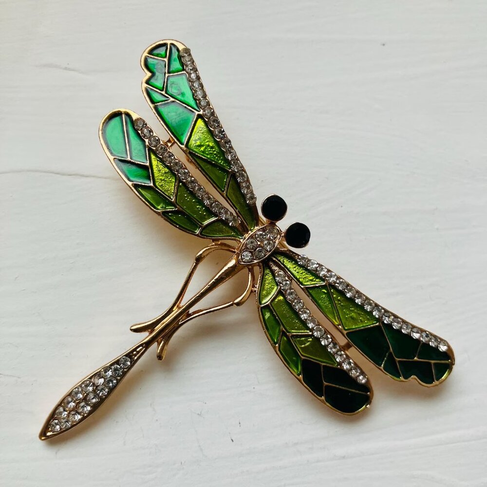 Vintage Green Enamel Dragonfly Brooch: Gold Plated Rhinestone Pin